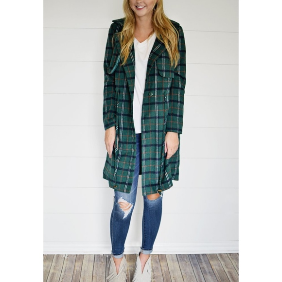 **CLEARANCE** Green Plaid Trench Coat - Picture 2 of 2